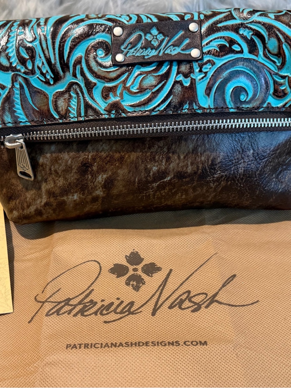 Patricia Nash Turquoise and Dark Brown Tooled Leather Clutch